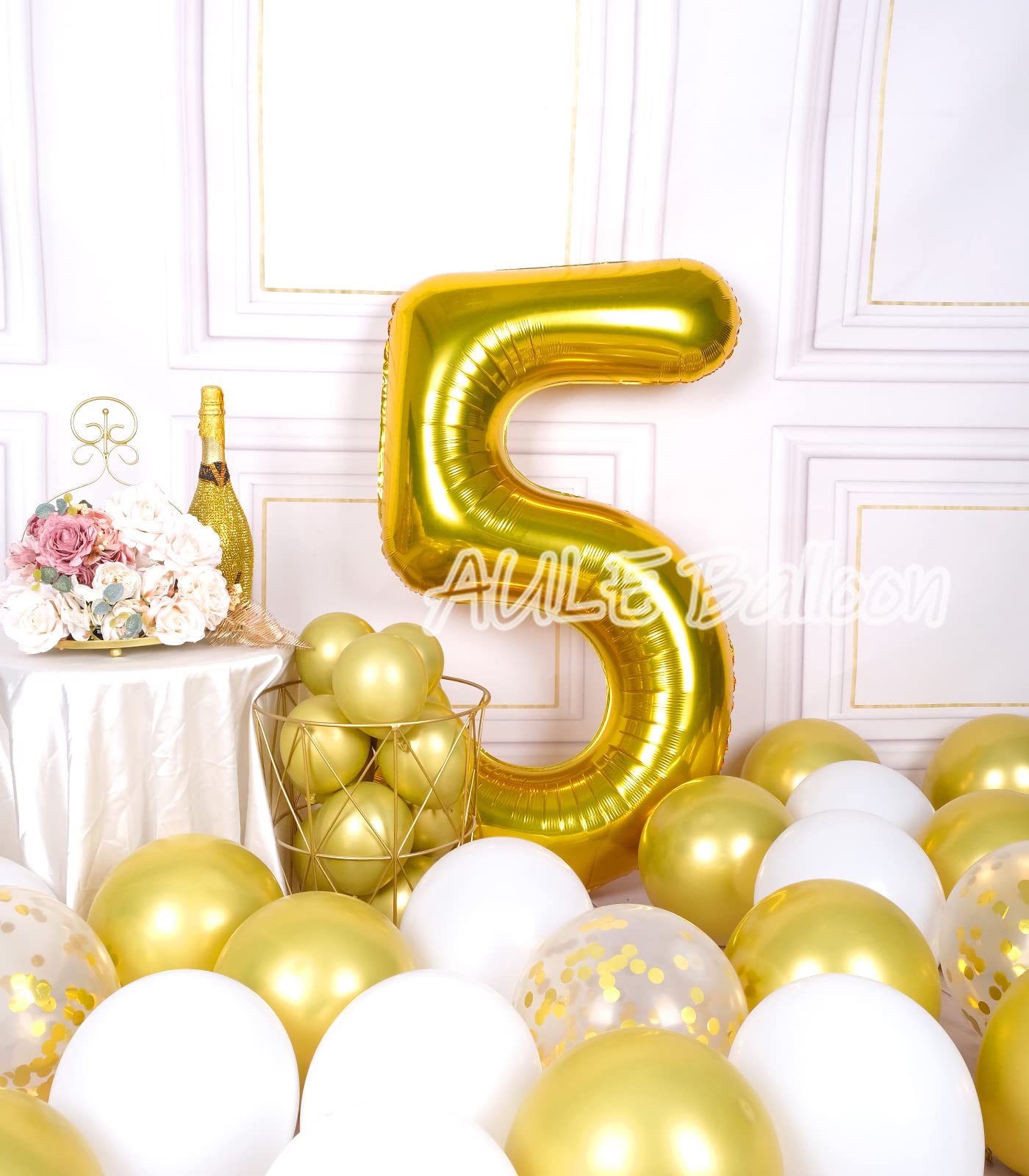 Aule 40 Inch Big Gold 5 Balloon Number Large Foil Helium Number Balloons 0-9 Jumbo Giant Happy 5Th Birthday Party Decorations Fo