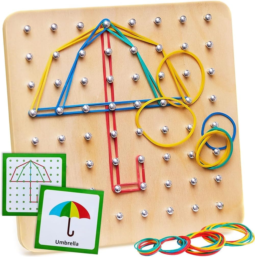 Royaldeals Wooden Geoboard Mathematical Manipulative Material Array Block Geo Board Educational Toys with 30Pcs Pattern Cards an