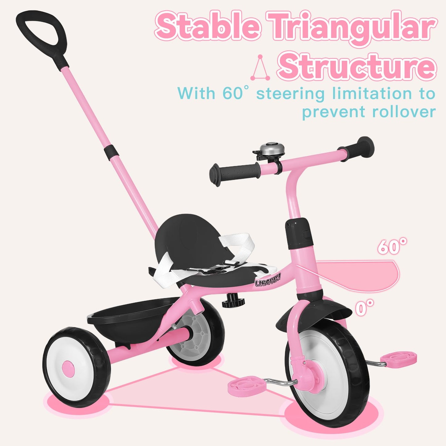 Liberry 2 In 1 Toddler Tricycle Age 2 3 4 Years Old, Kids Trike With Adjustable Push Handle, Bell & Basket, 3 Wheel Bike Riding
