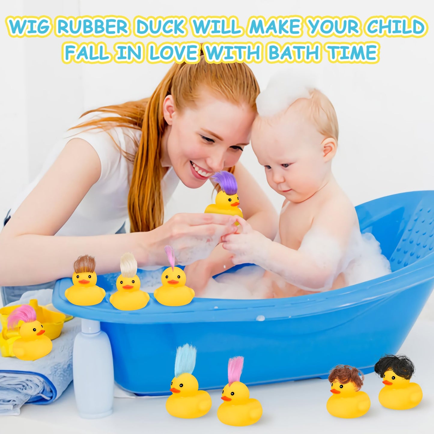 Rubber Ducks Bath Toys with Wig, 12 PCS Cute and Funny Small Rubber Ducks Bathtub Toys Shower Toys for Birthday Gifts Summer Poo
