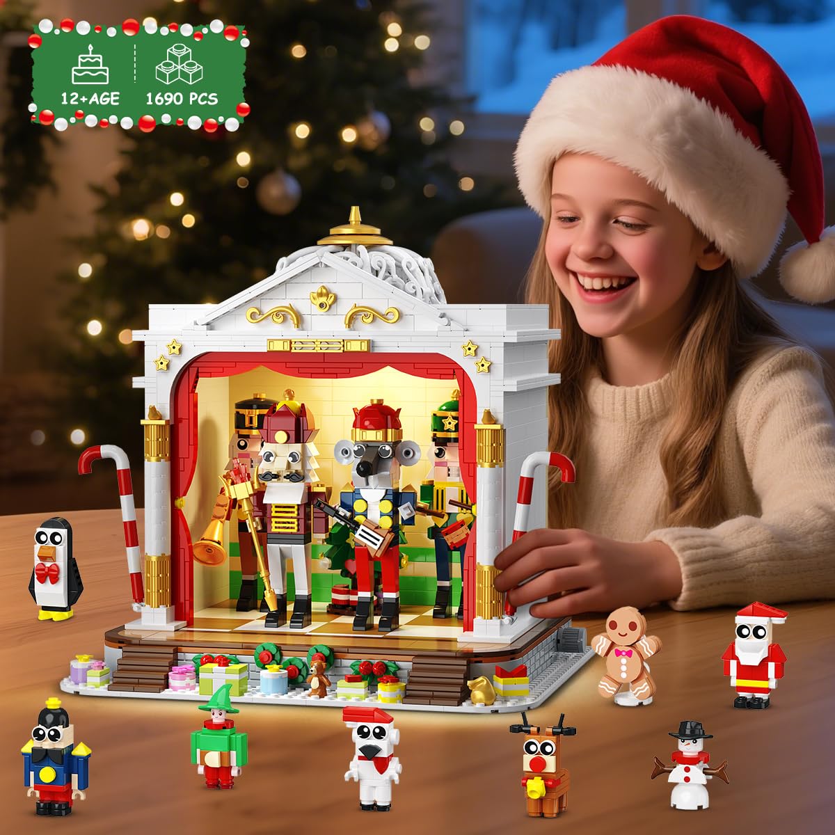 CUBIMANA Christmas Nutcracker Theater Building Set, 1690PCS, Light-Up, 3.6 Mini Blocks, 4 Nutcrackers & 8 Minifigures, Ages