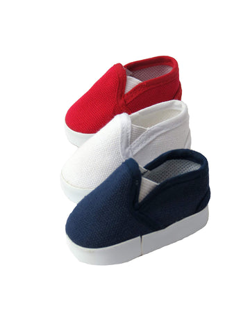American Fashion World Red White and Blue Canvas Slip-Ons for 18-Inch Dolls | 3 Pack | enhanced Quality & Trendy Design | Dolls Shoes | Shoe Fashion for Dolls for Popular Brands