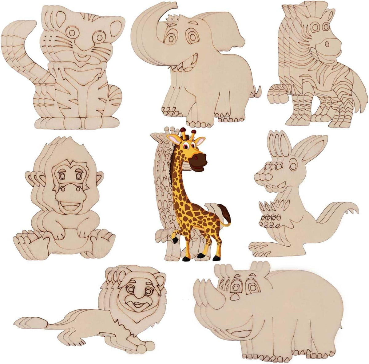 Curious Button Set Of 24 Pcs Unfinished Wood Animal Jungle Cutouts, Wooden Crafts To Paint For Kids, Forest Animal Shapes Slice 