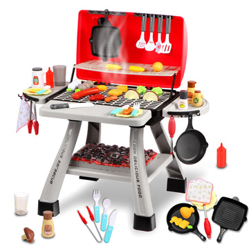 Kids Bbq Grill Playset With Simulated Smoke & Sound & Light, Play Kitchen Set W/ 41Pcs Toy Food, Indoor & Outdoor Interactive Ki