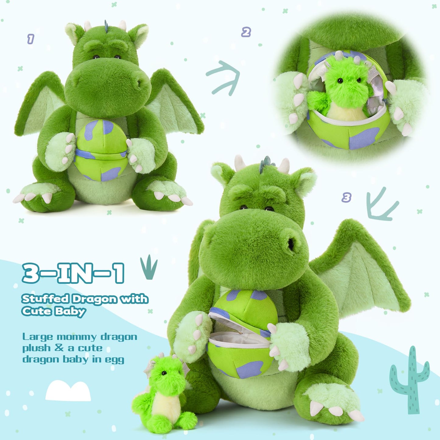 Tezituor 3-in-1 Large Dragon Stuffed Animal  20 Inch Big Stuffed Dragon Plush with Baby and Egg Toy for Girls Boys  Cuddle Hugging Dino Plush Gift for Birthday Christmas