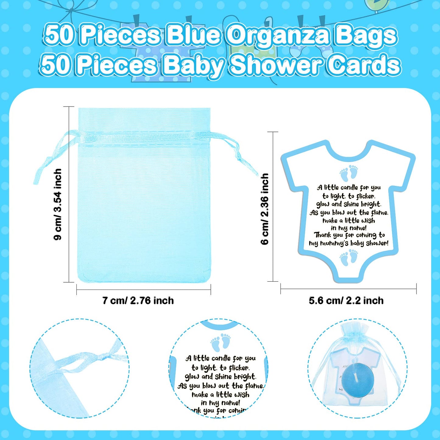 Roowest 50 Sets Baby Shower Gift Candles Favors For Guests Cute Tea Light Candle Decorations With Thank You Cards Organza Bags F