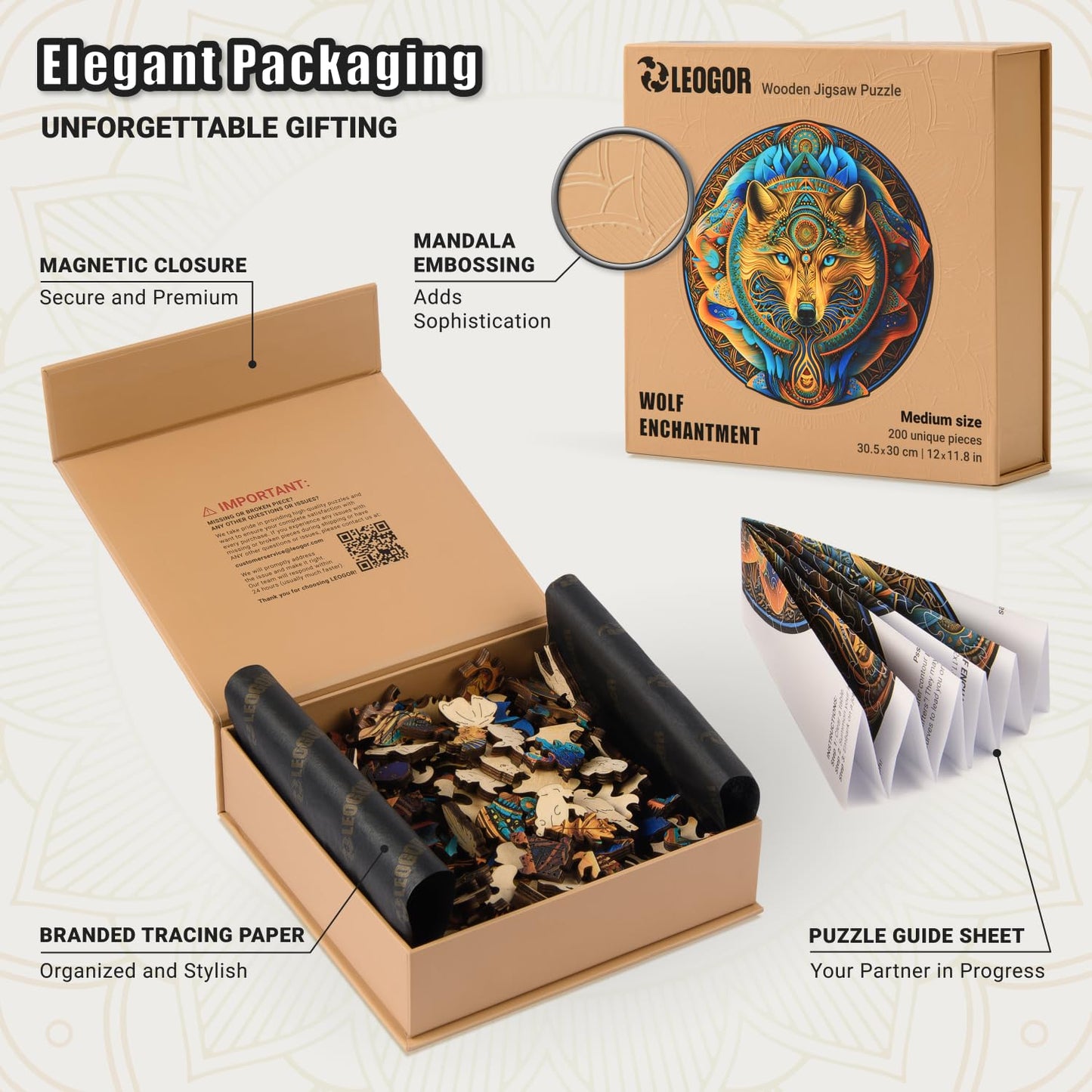 Wolf Enchantment - 200 Piece Wooden Puzzles for mature-themeds - 12 x 11.8 in - Extra-Thick 5 mm Wood Puzzle  Hand-Shaped Pieces  Round Mosaic Design - enhanced Gift for Puzzle Lovers by LEOGOR