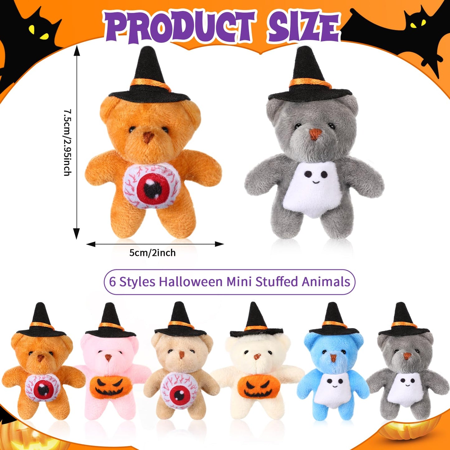 Blueweenly 24 Pcs Mini Halloween Bear Small Halloween Stuffed Animal Soft Tiny Pumpkin Plush Doll Keychain With Cap Trick Or Tre