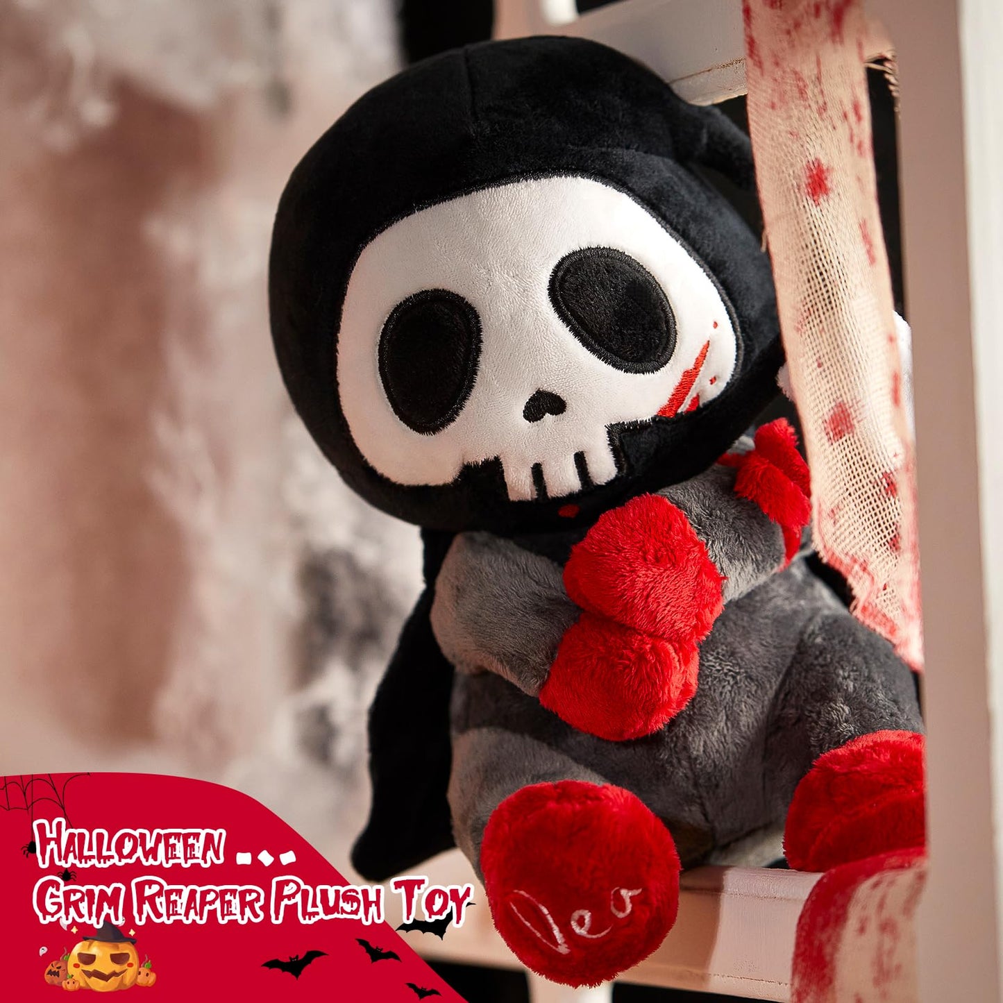 Specialyou 10'' Otto Reaper Plush Toy, Halloween Skull Grim Reaper Stuffed Animal With Black Cape And Detachable Reaper Scythe,