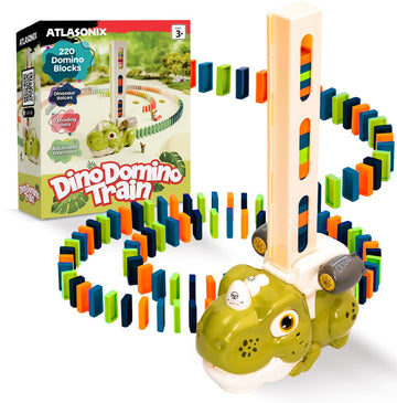 Atlasonix Dino Domino Train - 220 Dinosaur Dominoes Set For Boys & Girls - Birthday Gift Ages 3-10 - Montessori Jurassic T-Rex Toy With Automatic Rally Setter - Block Laying Machine