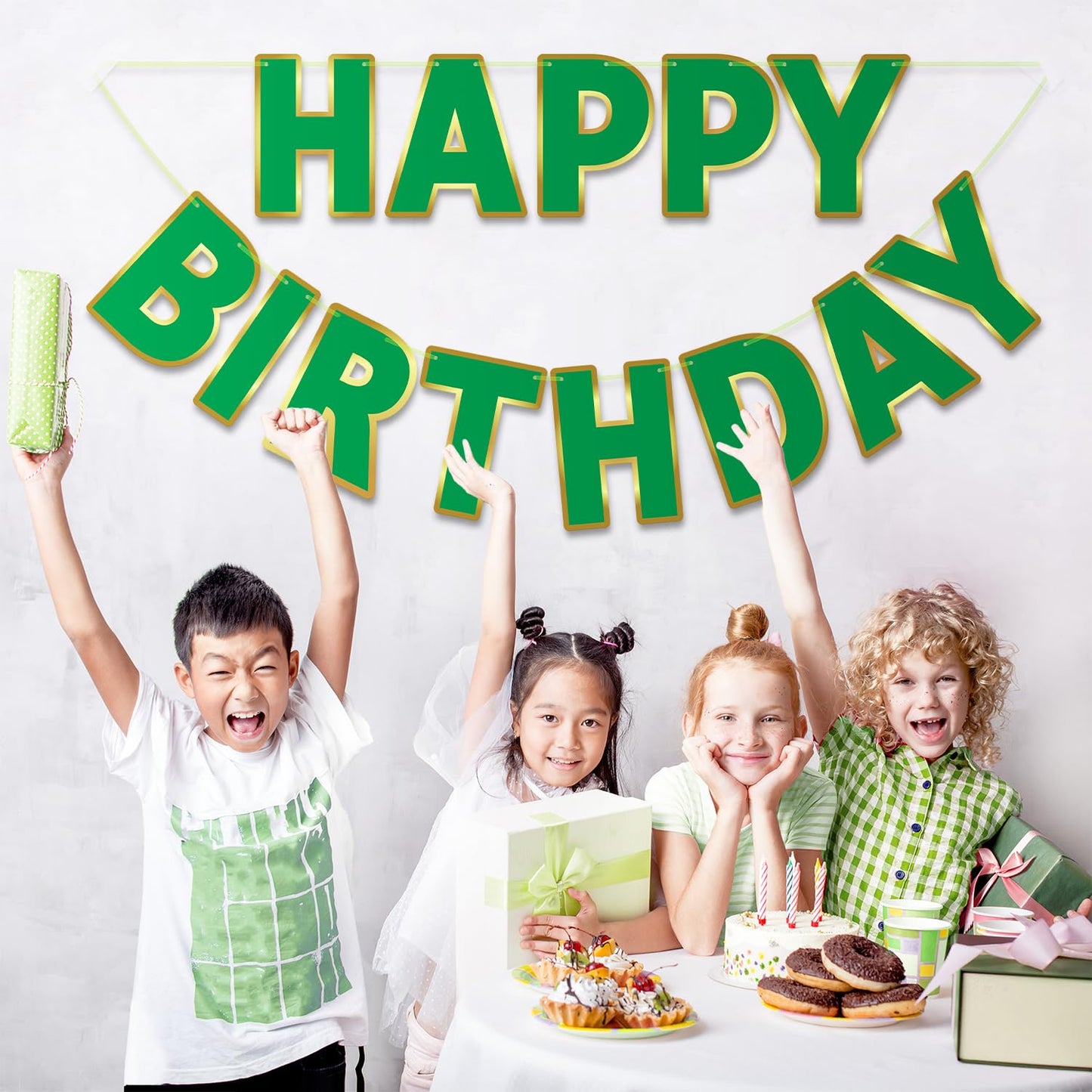 LITAUS Green Happy Birthday Banner - Pre-Strung, 9ft Paper Decorations, LH-01 for Kids, Men, Women
