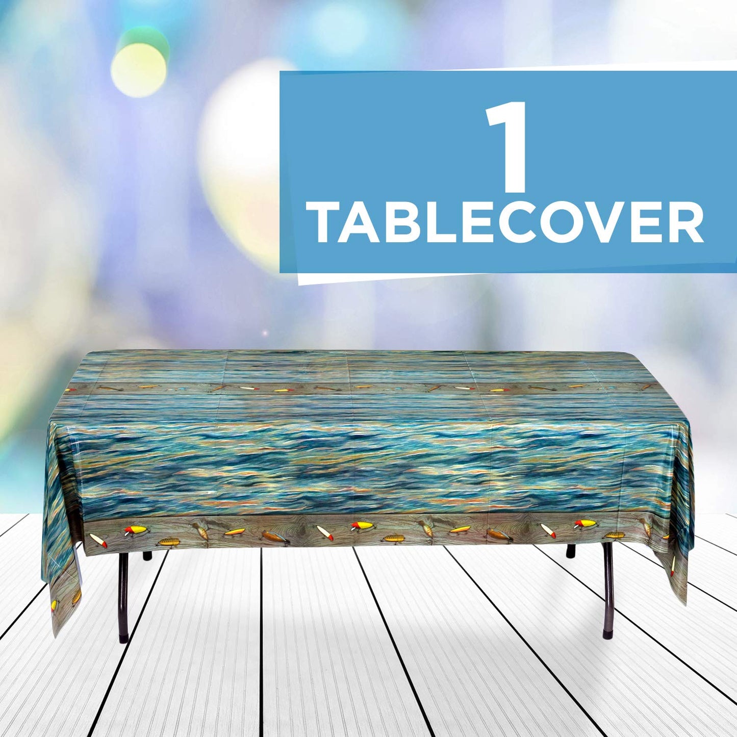 Havercamp Fishing Table Cover! (54x108) Rectangular Heavy Plastic Cover. Beautiful lakewater Background with Antique Lures. Gone