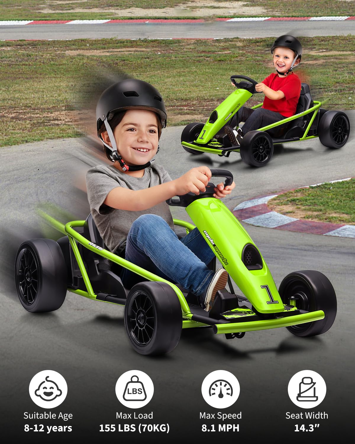 GarveeLife Kids Ride On Go Kart - 24V 9Ah, 8.1MPH, Green, Iron, Large Seat, Drifting Car for Ages 8+, Max Load
