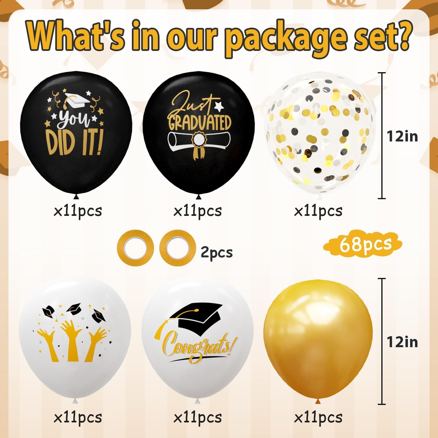 2025 Graduation Party Decorations, 68Pcs Graduation Balloons Black And Gold Graduation Decorations For College High School Class Of 2025 Congrats Grad Party Decor