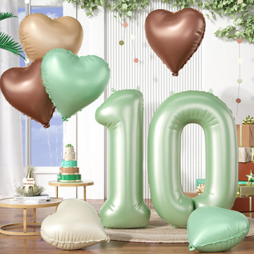 Biapian 40 Inch Sage Green Number 10 Balloons, Large Foil Number 1 & 0 Balloons With 18'' Cream Brown Heart Balloons For 10Th Ye