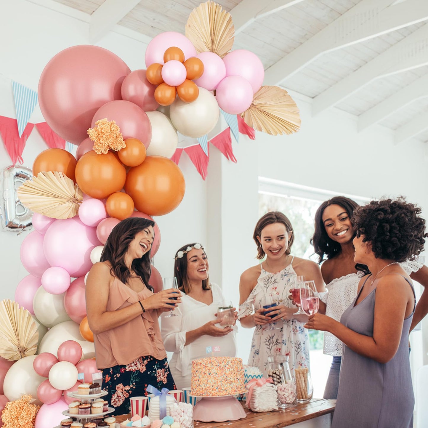 Boho Balloon Garland Arch Kit, Dusty Pink Orange Balloon Arch With Maca Pink Sand White Burnt Orange Latex Balloons For Girls Wo