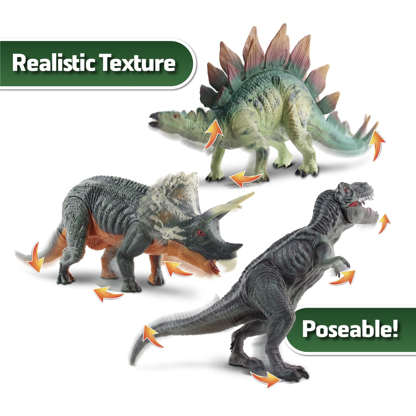 NKOK Poseable Dinosaurs Playset 3-Pack - T-Rex, Triceratops, Stegosaurus - Multicolored - Model 3262 - Plastic