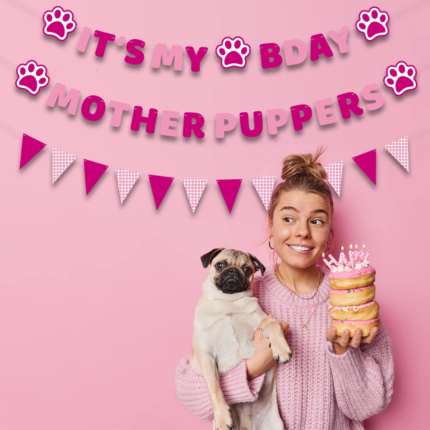 Vicycaty Puppy Dog Birthday Banner, Mother Puppers, It'S My Bday, Pink Pennants, 98.43X16.69 Inches Cardboard