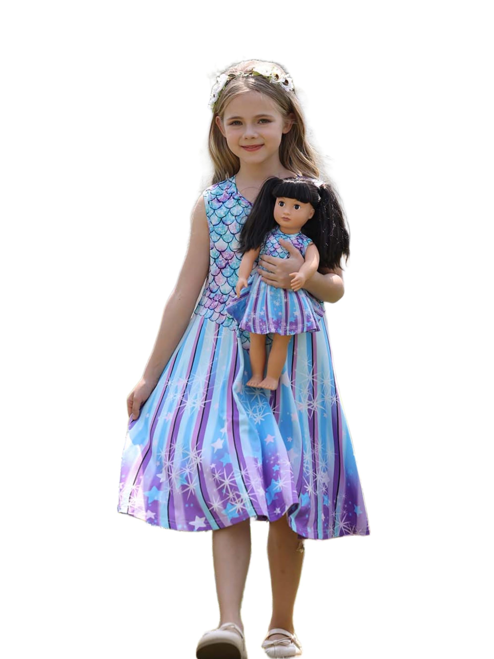 Bow Dream Girl Dress and Matching American Girl Doll Clothes Accessoriess Rainbow Mermaid Unicorn Size 120