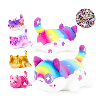 Lccoous 61-Pcs ?6.1'' Rainbow Cat Plush+ 60Pcs Cat Stickers -Meow Cat Plush -Meow Cat Stuffed Animal Collection, Birthday Gift F