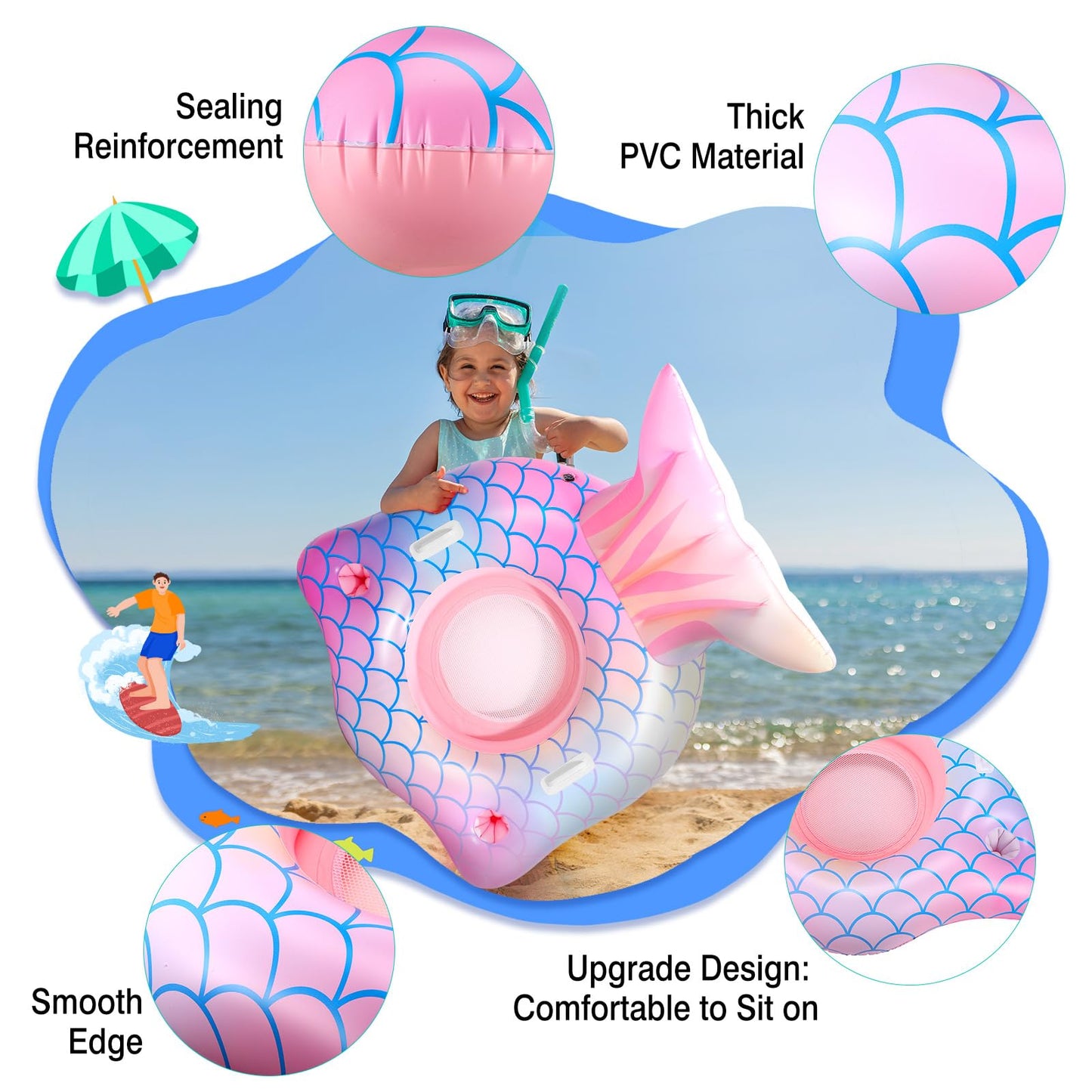 Inflatable Pool Float Mermaid Tail Pool Floating Chair With Cup Holders, Backrest, Mesh Bottom And Handles Summer Water Fun Beac