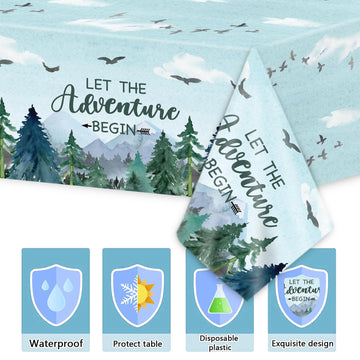 3 Pieces Adventure Awaits Tablecloths Let The Adventure Begin Tablecover Tree Mountains Woodland Table Covers Plastic Disposable Rectangle Tablecloth For Baby Shower Birthday Party Decor Supplies