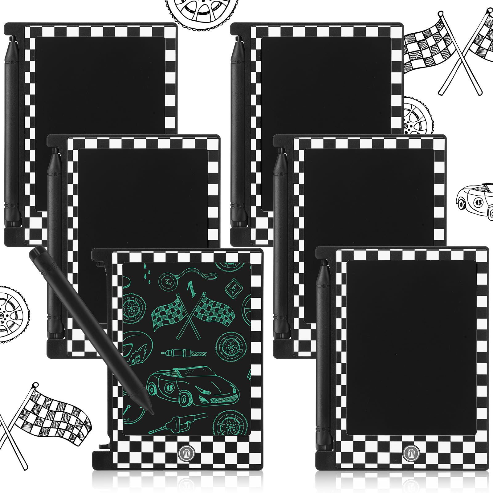 Nezyo 6 Pack Race Car Checked LCD Writing Tablet, 4.6 Plaid Pattern Board Drawing Tablet, Race Car Birthday Supplies, Goodie B