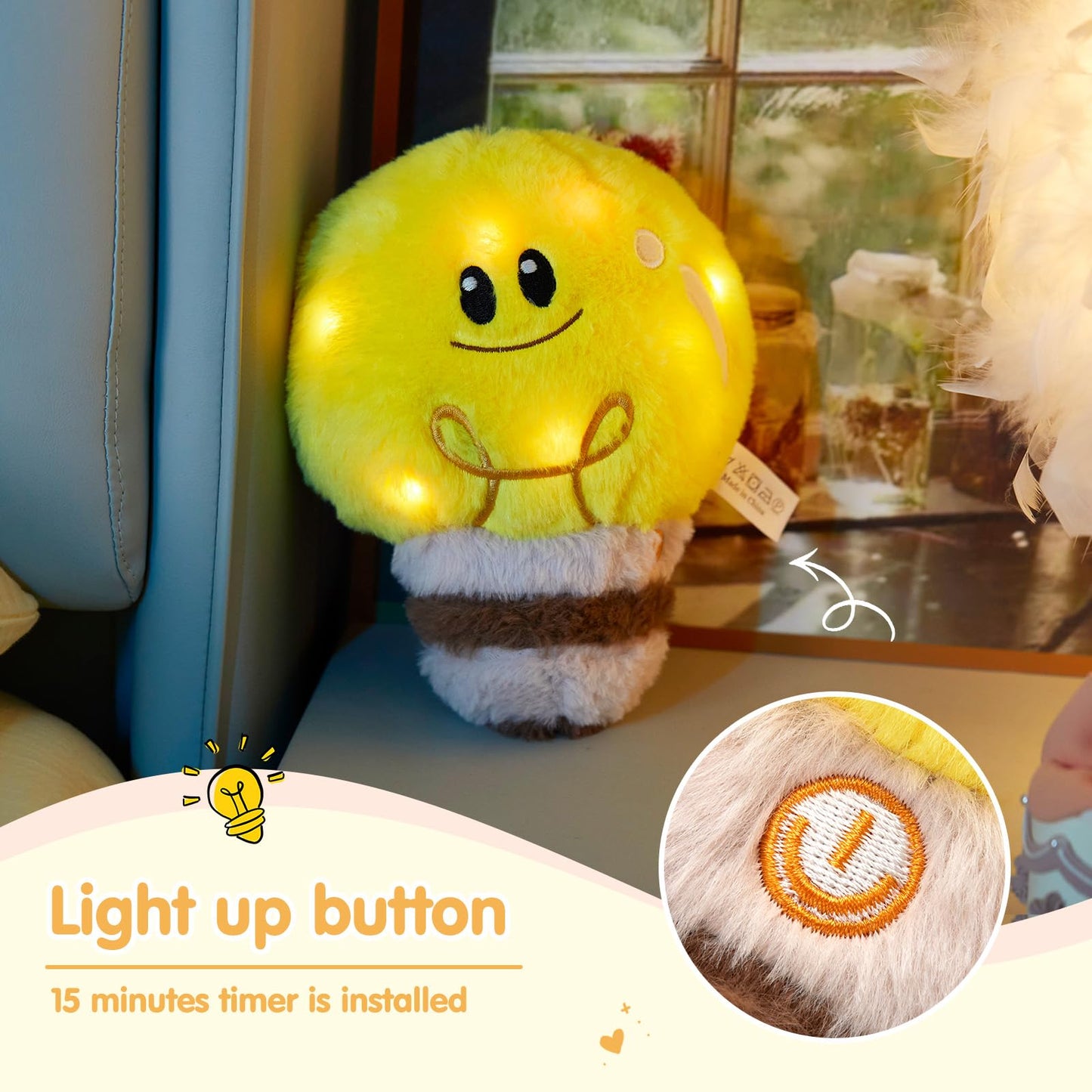 WEWILL 8'' Light Up Plush Toy - Cute Light Bulb Stuffed Animal in Yellow, Soft Polyester, Ideal Gift for Kids, Boys & Girls