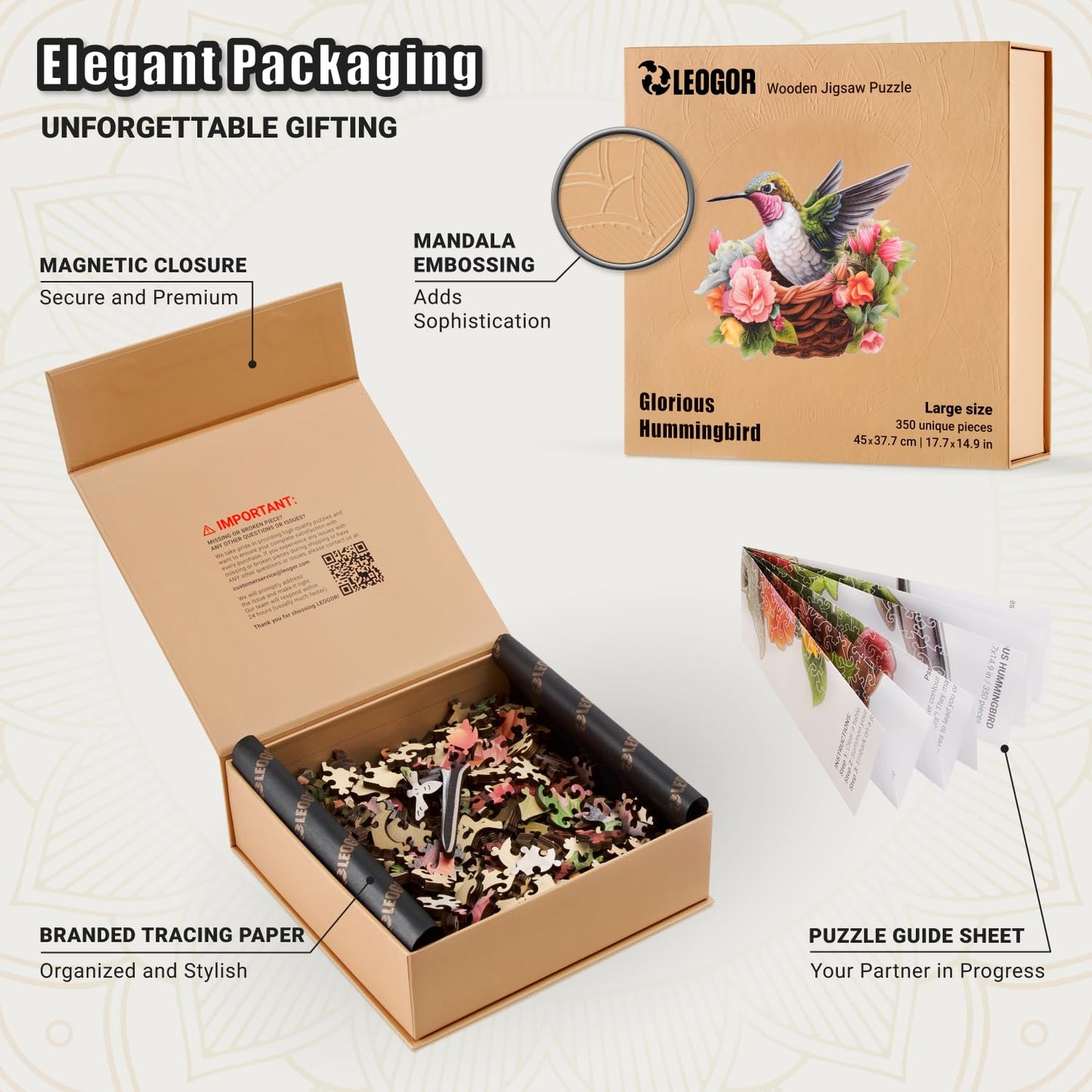 Glorious Hummingbird - 350 Piece Wooden Puzzles for mature-themeds - 17.7 x 14.9 in - Extra-Thick 5 mm Wood Puzzle  Hand-Drawn Pieces  Bird-Shaped Mosaic Design - enhanced Gift for Puzzle Lovers by LEOGOR