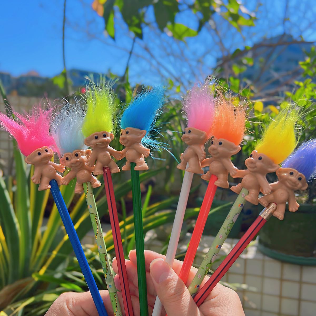 8pcs Mini Troll Pencil Toppers with Hair, Vintage Lucky Troll Dolls Pencil Topper(pencils not included)