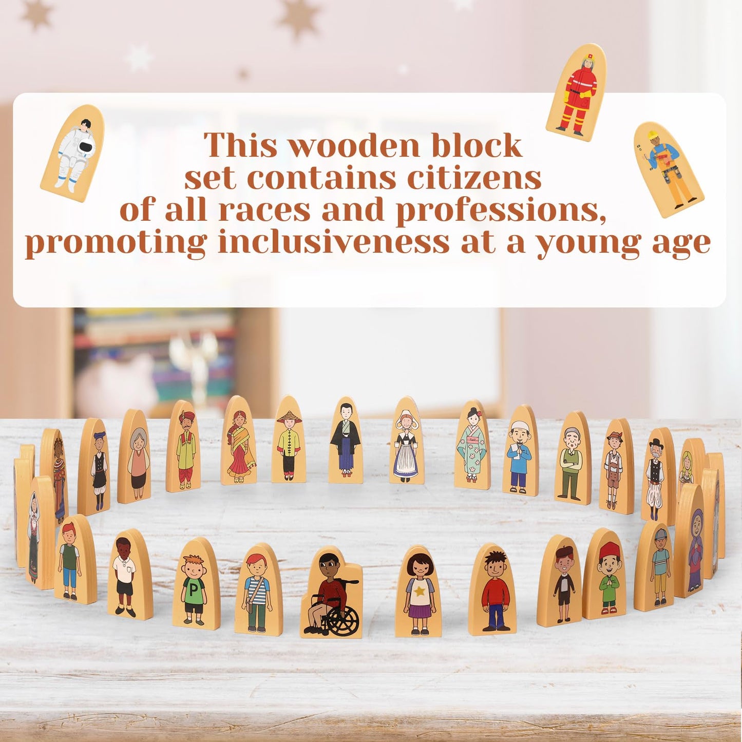 Syhood 30 Pcs Small Wooden Blocks Multicultural Wooden Character Set Cute People Toys Double Sided Wooden People Figures for Classroom Diversity Play Open Ended Stem Pretend Educational Games