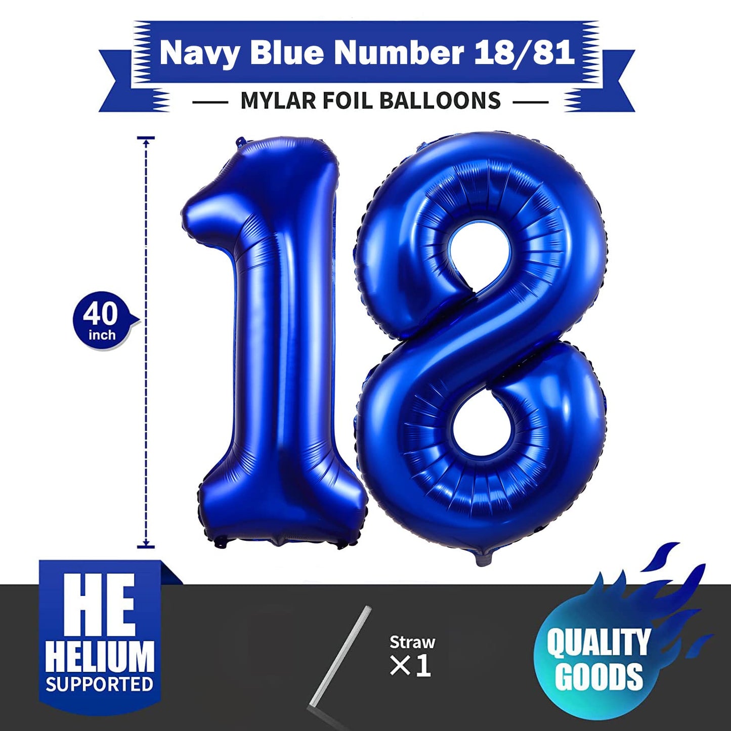 BBPOOL Navy Blue 40 Inch Foil Number 18 Balloon for Birthday Party Decorations