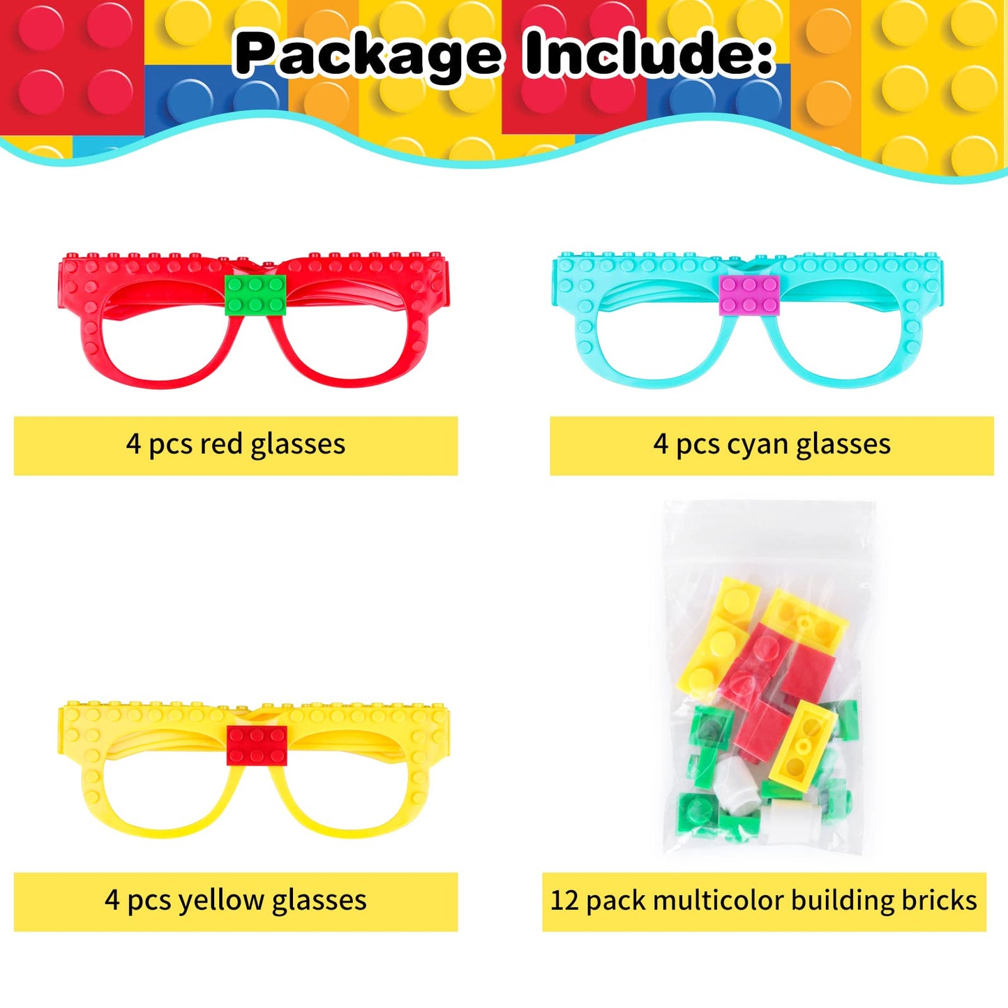 Hxezoc 12 Pcs DIY Building Bricks Glasses Building Blocks Games for Kids Creative Building Block Birthday Party Favors, Carnival