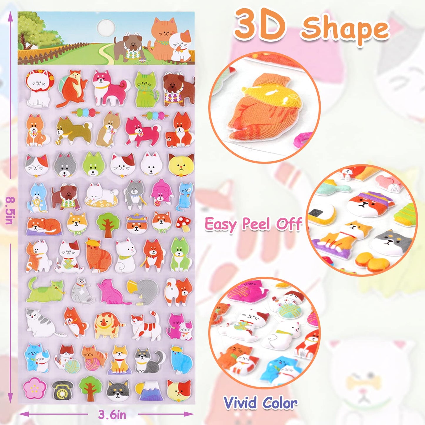 Shangrla Cat And Dog Puffy Stickers For Kids Girls 3D Puff Puppy Kitten Pet Stickers For Adults Teens,Cute Small Dog Cat Face Stickers For Phone Case,Stationery,Albums,4 Sheets.