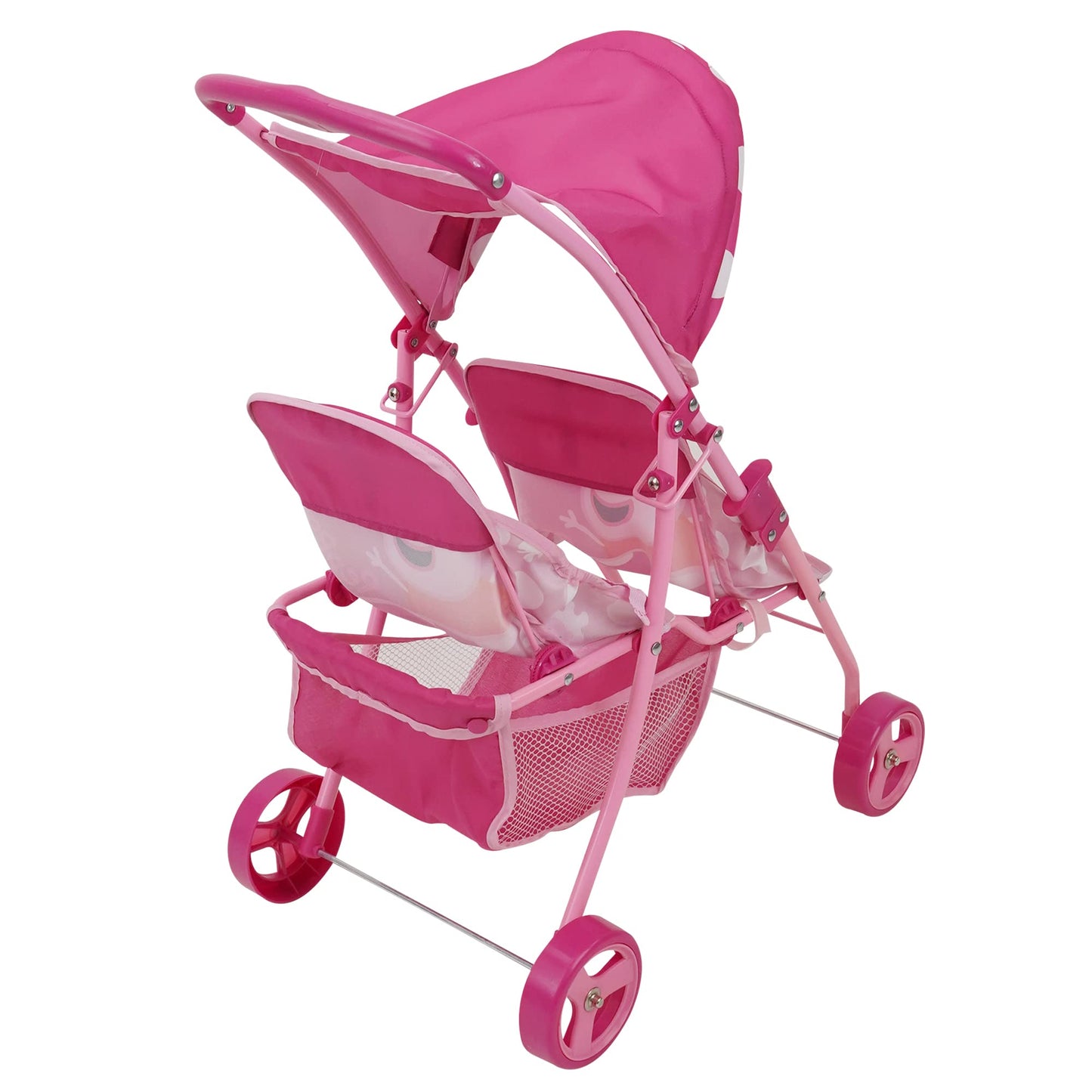 Peppa Pig: Doll Twin Stroller - Pink & White Dots - Fits Dolls Up To 24, Retractable Canopy, Easy to Fold for Storage & Travel,