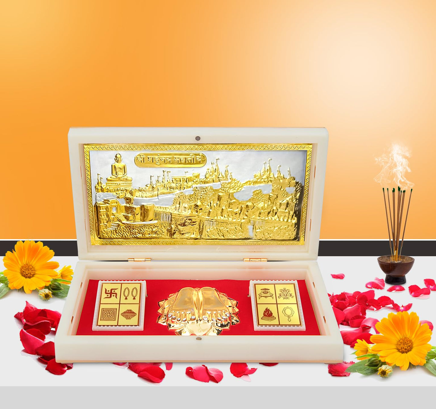 ARNAVIRA Gold Plated Jai Jinendra Jain Photo Frame with Charan Paduka Pocket Temple for House Warming Gifts Return Gift Diwali G