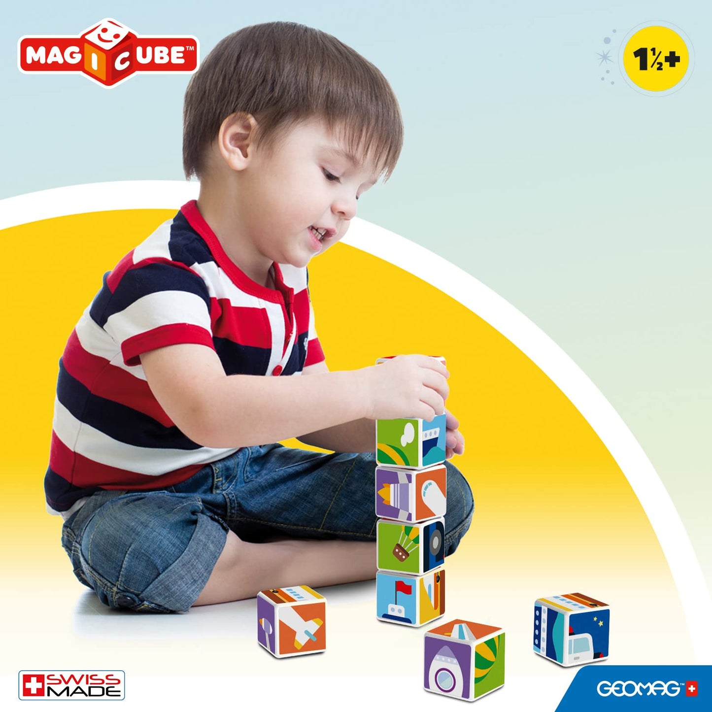 Geomag Magicube Transport 4-Piece Magnetic Stacking Cubes Building Set, Toddlers & Kids Ages 1.5 And Up, Stem Educational Toy, Swiss-Made, Creativity, Imagination, Learning, 6 Adorable Building Ideas
