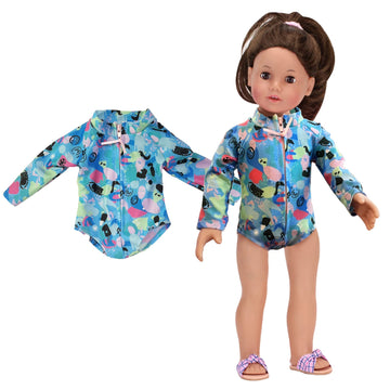 Sophia'S Colorful Collage Print Long Sleeve Rash Guard Style Surfer Swimsuit With Zipper And High Collar For 18' Dolls, Blue