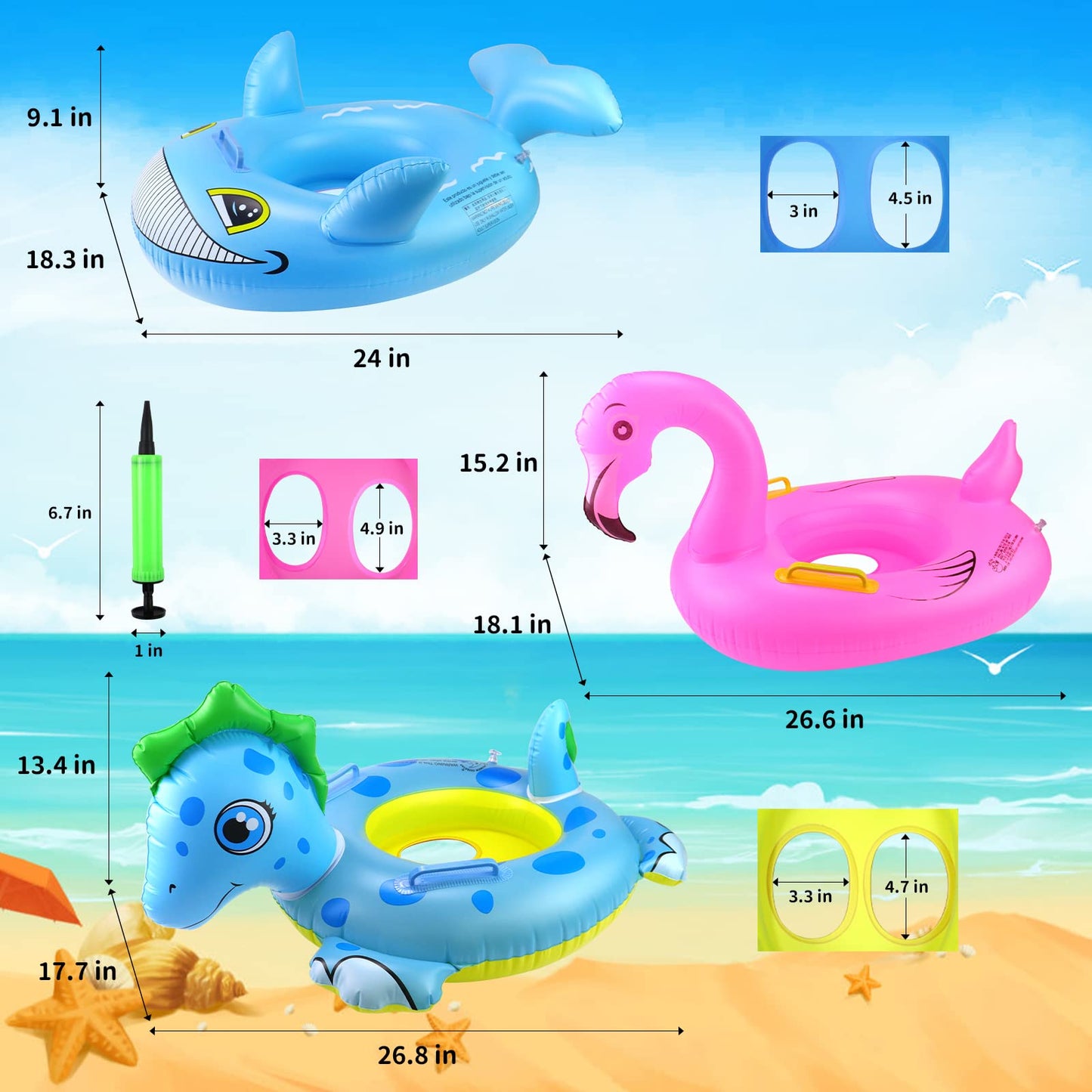 Rtudan 24' 3 Pack Pool Inflatable Floats For Kids, Dinosaur Flamingo Whale Swim Floats Tube Rings,Swimming Rings For Kids Swimming Pool Beach Summer Water Float Party Outdoor