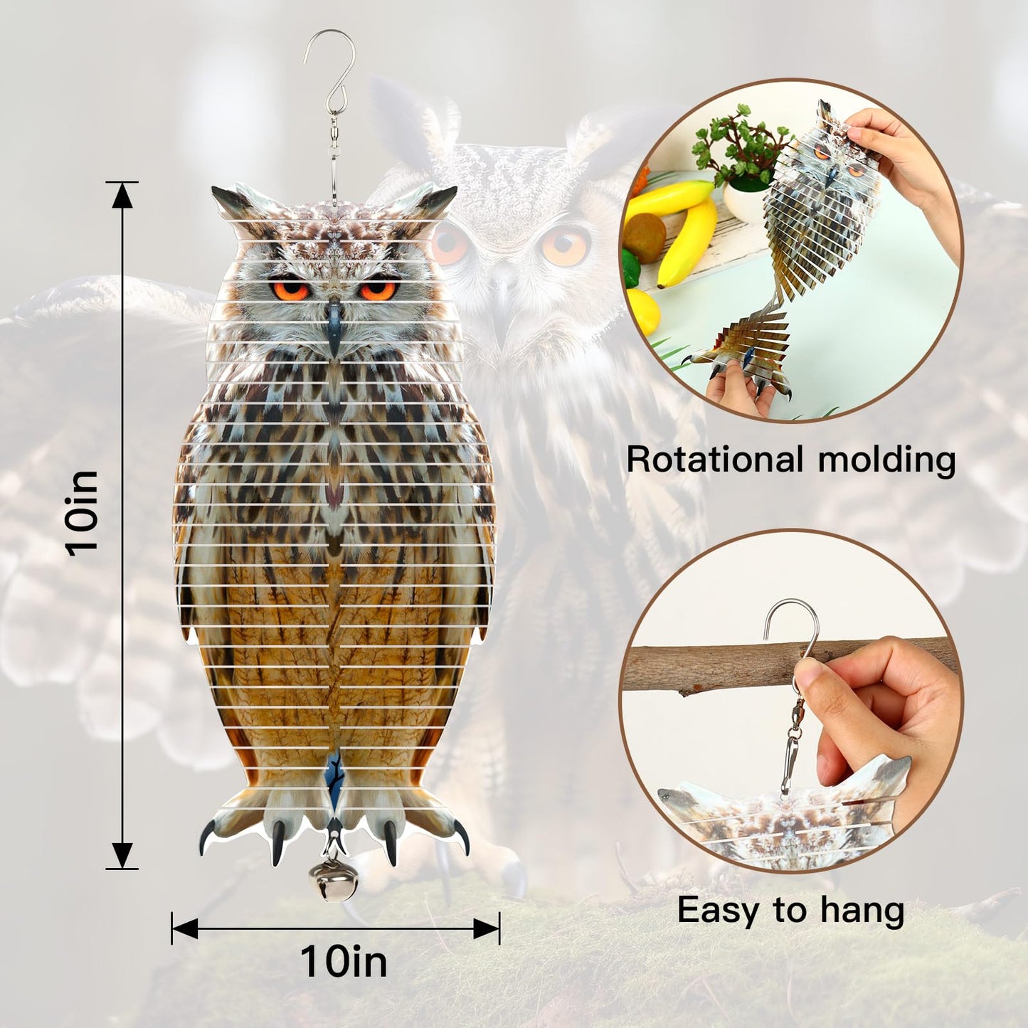 Zzbakress 2-In-1 Metal Wind Spinners With Double Sided Owl Picture Bird Reflector For Window, Outdoor Patio, Garden, Farm (1, 12