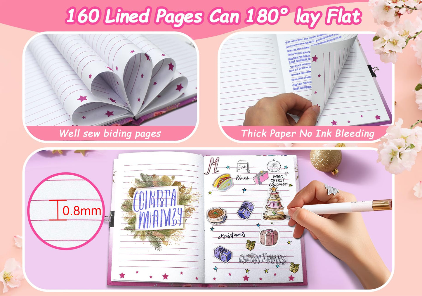 Ginmlyda Girls Diary With Lock For Kids, 7X5.25 Inches 160 Lined Pages Secret Pink Butterfly Notebook For Girls Journal With Loc