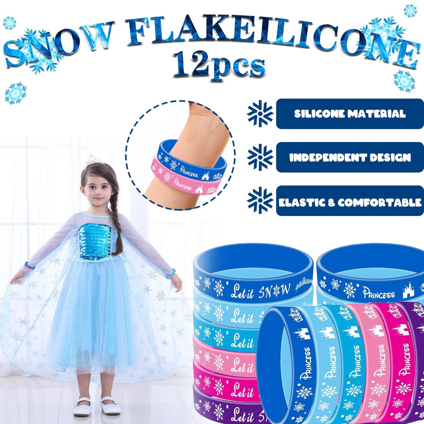 150Pcs Snowflake Birthday Party Favors Supplies Kids Girl Winter Party Decorations Set Include 50 Cookie Bags,12 Bracelets,12 Sn