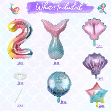 Mermaid Balloons 2Nd Birthday Decorations, 8Pcs Mermaid Party Decorations Balloons, 40 Inch Rainbow Number 2 Balloon, Large Helium Foil Mermaid Tail Balloon, Seashell Balloons For Girls' 2Nd Birthday