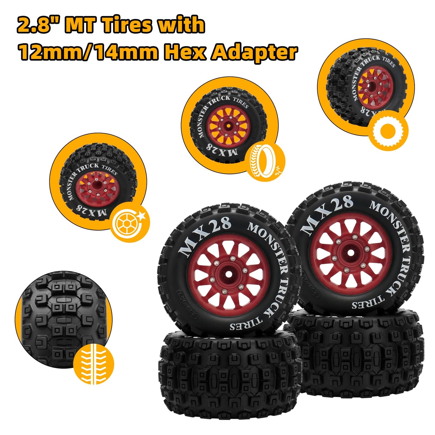 2.8'' Rc Tires With 12Mm/14Mm Hex Adapter 1/10 Scale Rc Truck Tires Rc Wheels And Tires Set For Traxxas Arrma Rustler Stampede 4