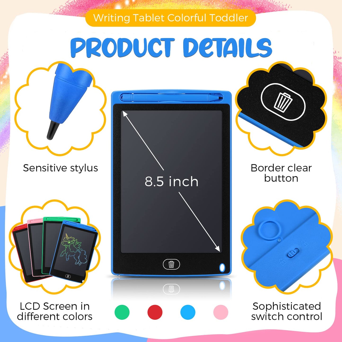 16 Pieces LCD Writing Tablet Doodle Pad for Kids 8.5 Inch LCD Drawing Board Colorful Reusable Writing Tablet for Girl Boy Toddle
