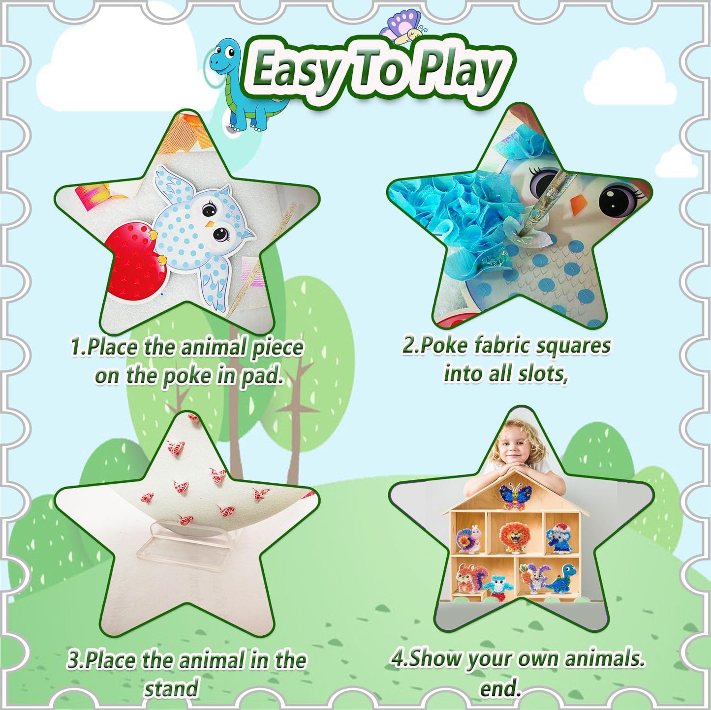 mom&myaboys Poke A Dot Art Kit - Animals Theme with Snail, Lion, Owl, Squirrel, Butterfly | No-Mess Sewing Craft for Kids Ages 4