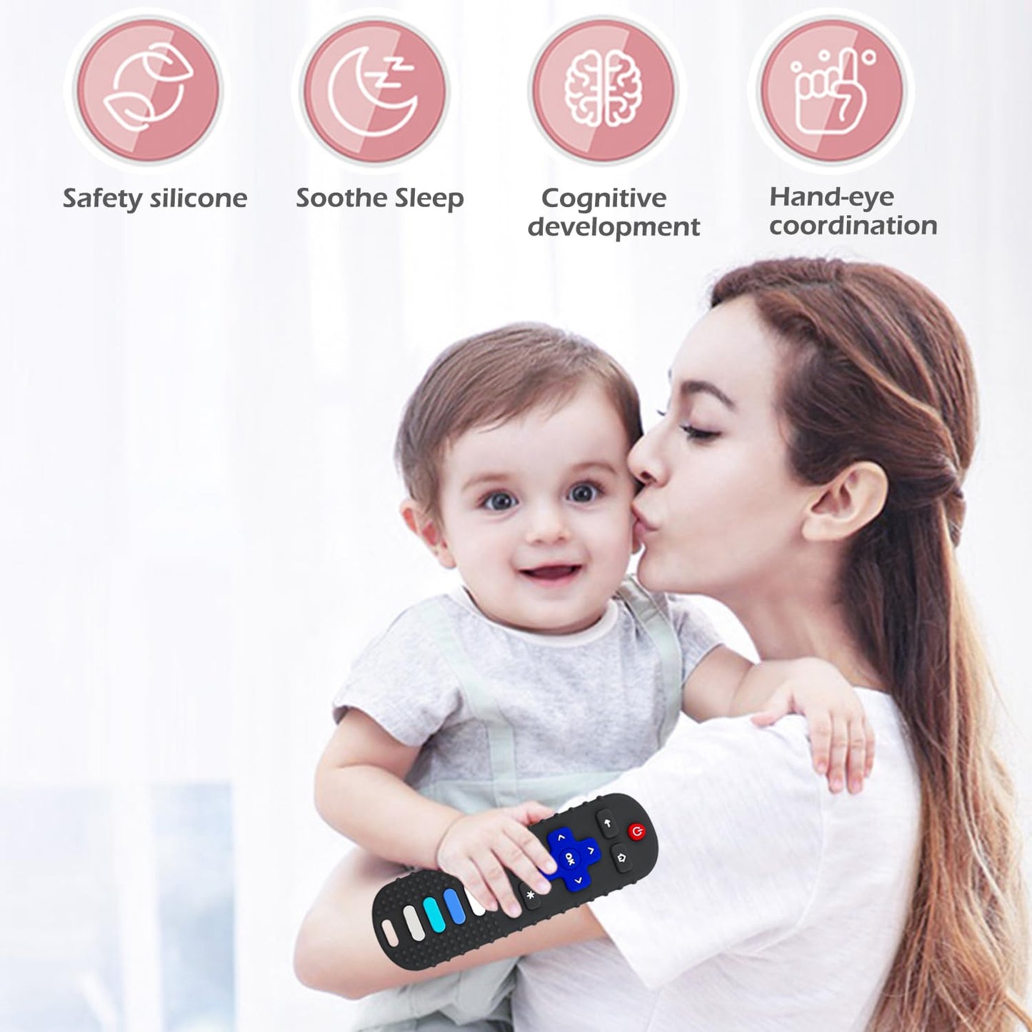 2Pack Teething Toys for Babies, Remote Control Shape Silicone Teether Toys,Baby Teethers for Toddlers Boys Girls (Black + Coral