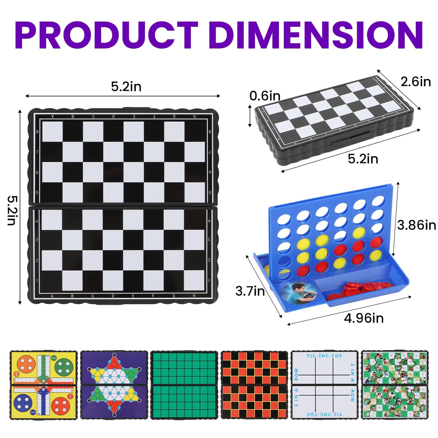 WinSTEM 8-in-1 Mini Travel Board Games Set, Magnetic Checkers, 5.2" Compact, ABS Plastic, Ideal for Family & Camping Fun