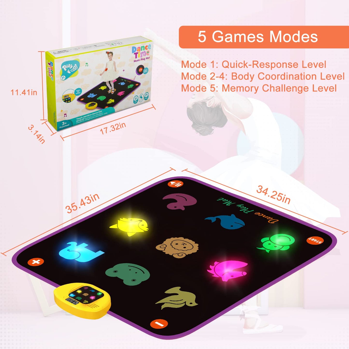 Luminous Dance Mat For Kids, Great Volume Control, Small Animal Dance Pad With 5 Gaming Modes, Large Size 35'' X 40'', Ideas Birthday Toys For Age 3+ Year Old…