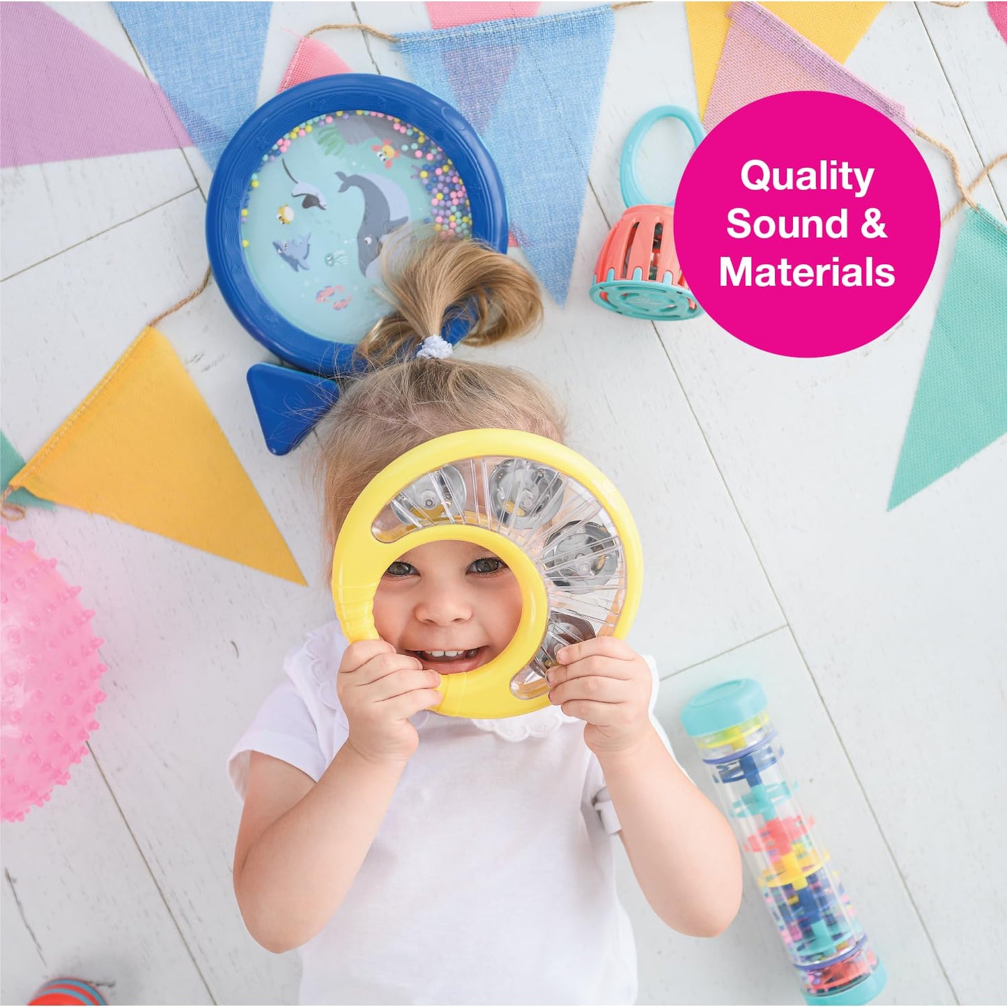 Edushape Classic Tambourine For Kids, Yellow - Percussion Musical Instrument Baby Tambourine For Toddlers 1-3, Kids Tambourine Fun Tummy Time, Fine Motor, Auditory And Visual Sensory Development